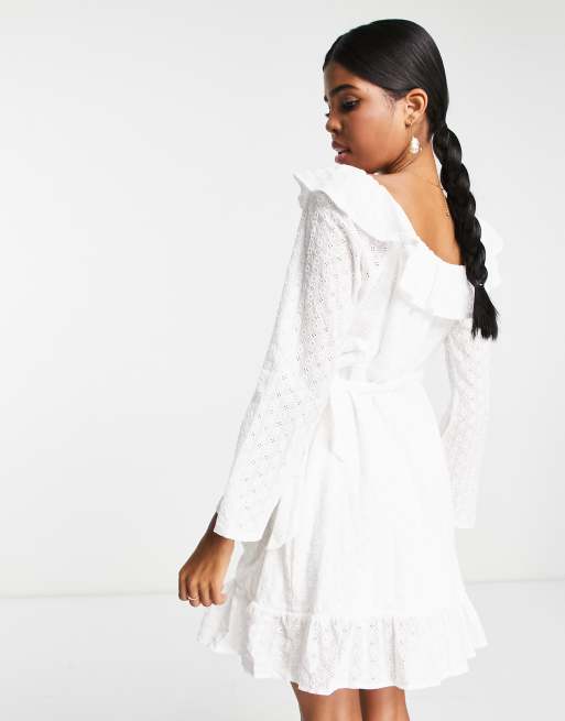 In The Style x Jac Jossa lace frilly bardot wrap front mini dress in white, 2 of 4