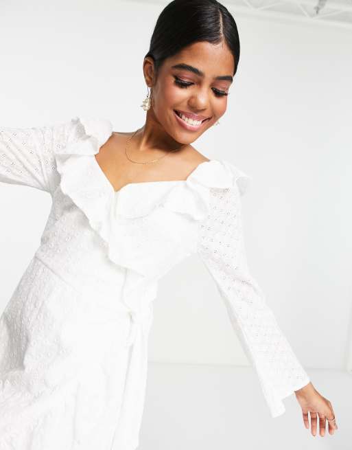 In The Style x Jac Jossa lace frilly bardot wrap front mini dress in white, 3 of 4