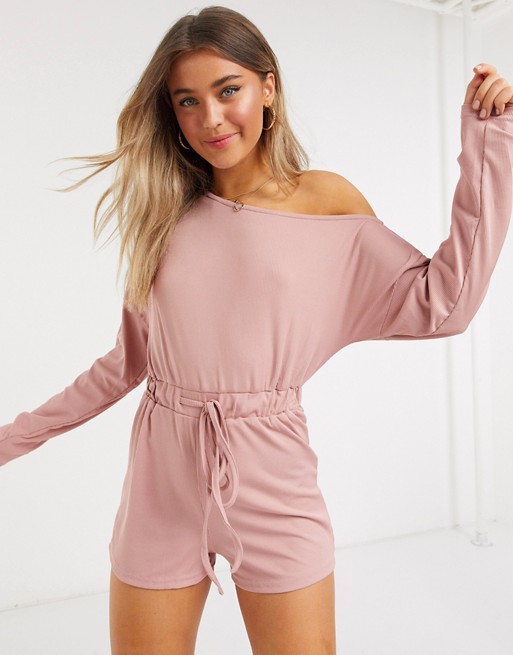 In The Style x Jac Jossa loungewear ribbed off shoulder tie detail playsuit in blush