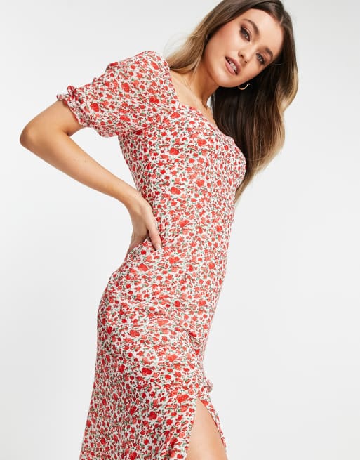 In The Style x Jac Jossa – Maxikleid mit Puffärmeln, Schlitz und Blumenmuster in Rot, 3 von 4