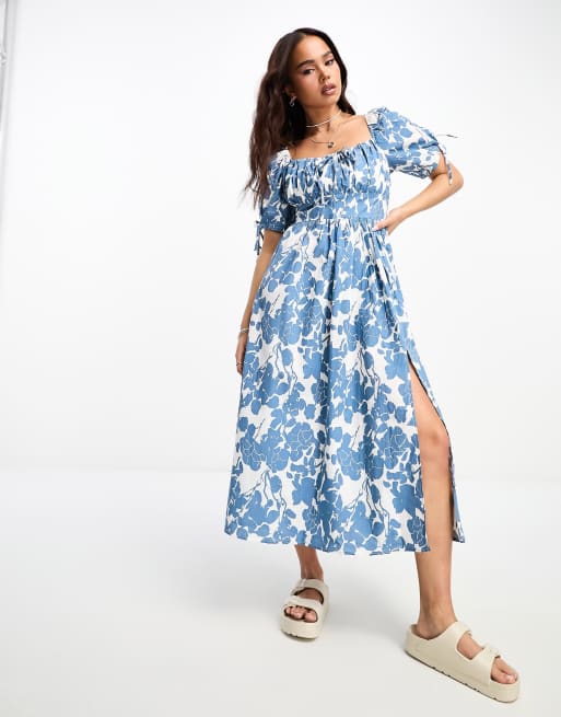 In The Style x Jac Jossa - Midi jurk met hartvormige halslijn, pofmouwen en bloemenprint in blauw