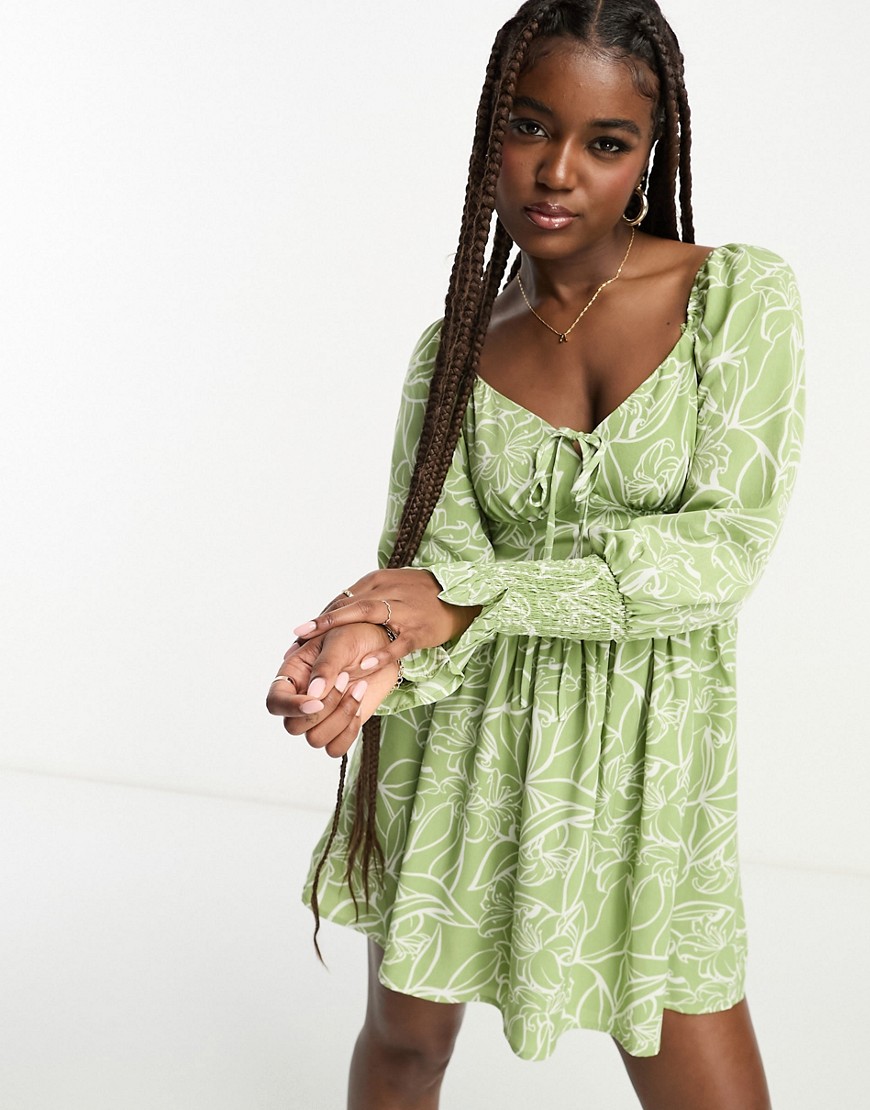In The Style X Jac Jossa Milkmaid Shirred Cuff Mini Dress In Green Floral-multi