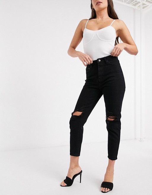 In The Style x Jac Jossa mom jeans with ripped knee in washed black