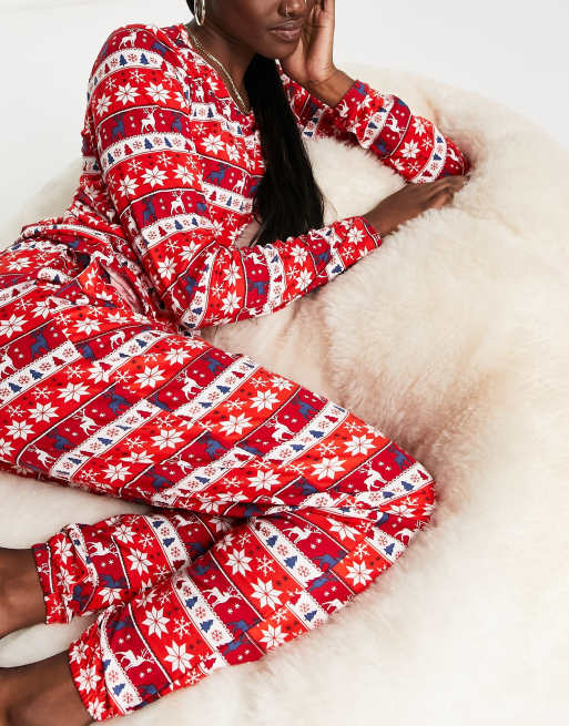 In The Style x Jac Jossa nightwear top & pants set in red fair isle print