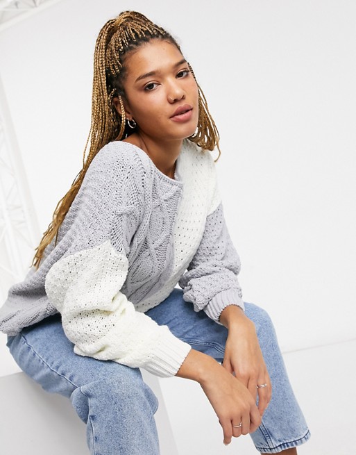In The Style x Jac Jossa off shoulder in colour block cable knit in grey