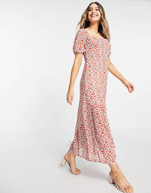 In The Style x Jac Jossa puff sleeve maxi dress with thigh split in red floral print