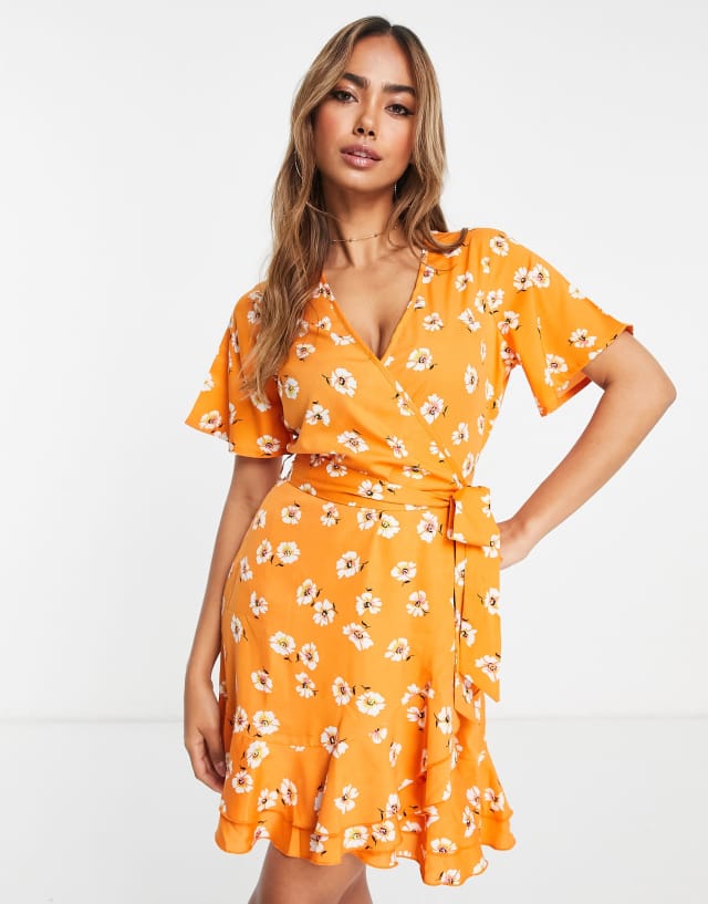 In The Style x Jac Jossa puff sleeve square neck midi tea dress in orange daisy print