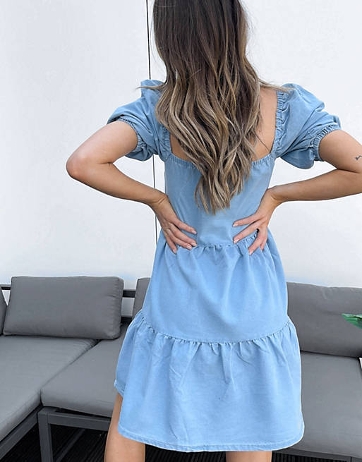 In The Style x Jac Jossa puff sleeve tiered dress in denim chambray 