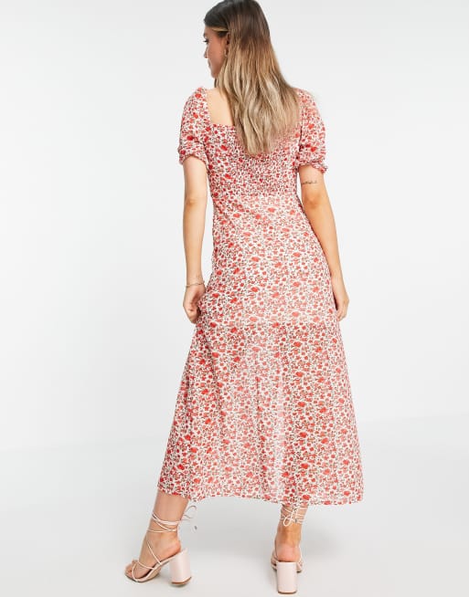 In The Style x Jac Jossa – Röd blommig maxiklänning med puffärmar och lårslits, 2 av 4