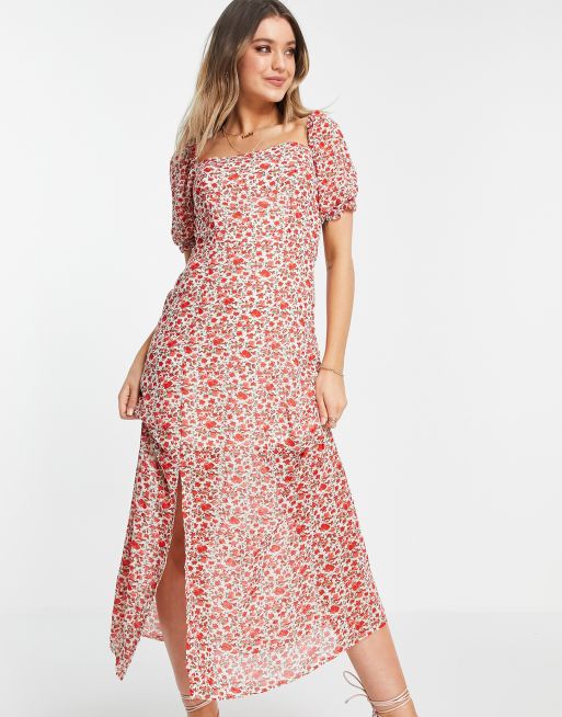 In The Style x Jac Jossa – Röd blommig maxiklänning med puffärmar och lårslits, 4 av 4