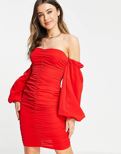 In The Style x Jac Jossa ruched off shoulder mini dress in red