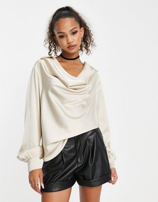 In The Style x Jac Jossa satin drape front shirt in cream