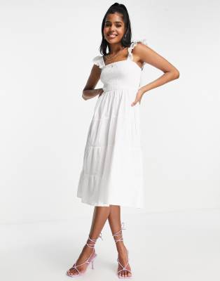 In The Style x Jac Jossa shirred bust frill sleeve tiered maxi dress in white