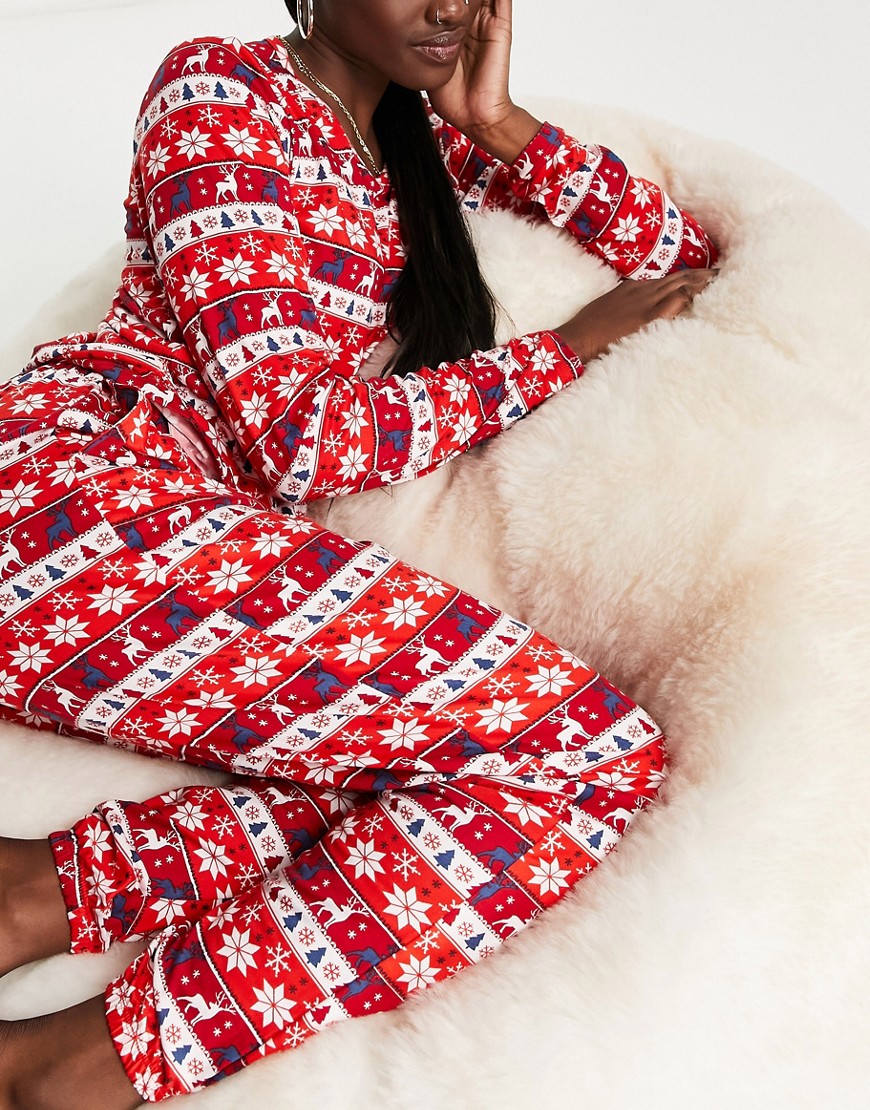 In The Style x Jac Jossa sleepwear top & bottom set in red fairisle print-Multi
