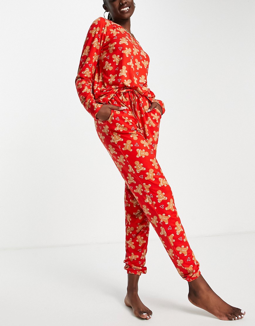 In The Style X Jac Jossa Sleepwear Top & Pants Set In Red Gingerbread Print