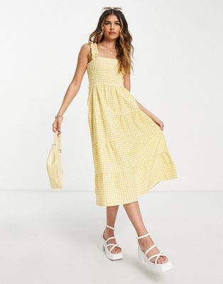 In The Style x Jac Jossa square neck tiered midi dress in yellow check