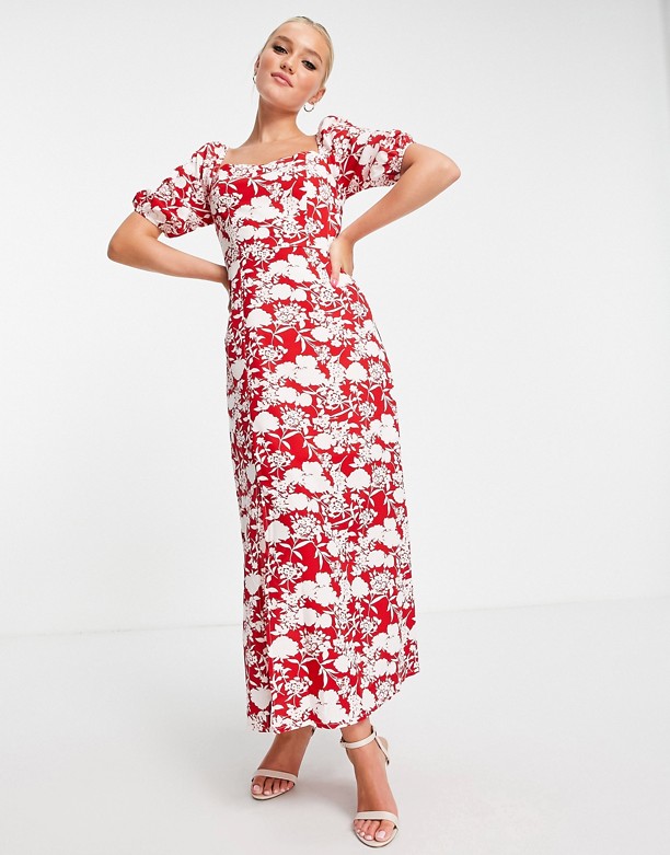  Cieszyć Się In The Style x Jac Jossa – Sukienka midi w czerwone kwiatki z rozcięciem na udzie i rozszerzanymi rękawami Wielokolorowy