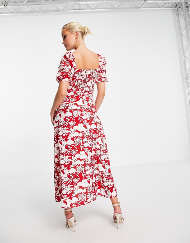  Cieszyć Się In The Style x Jac Jossa – Sukienka midi w czerwone kwiatki z rozcięciem na udzie i rozszerzanymi rękawami Wielokolorowy