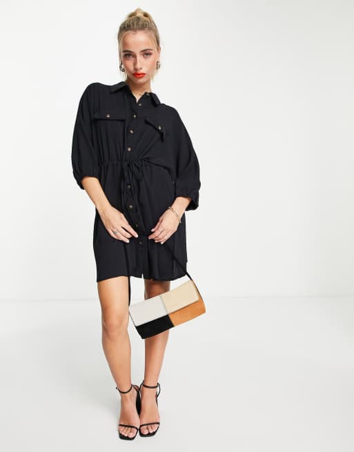 In The Style x Jac Jossa tie front shirt dress in black, 2 of 4