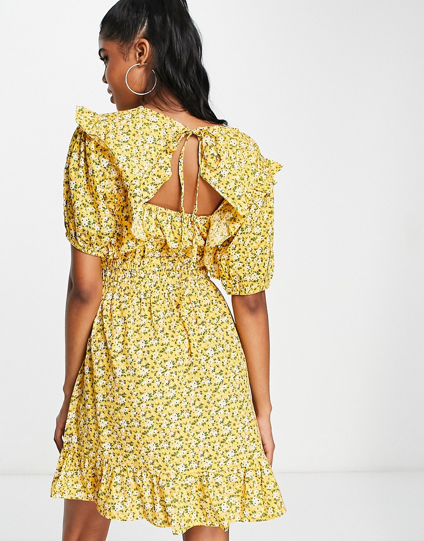 x Jac Jossa volume sleeve mini tea dress in yellow floral print-Multi