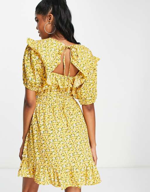In The Style x Jac Jossa volume sleeve mini tea dress in yellow floral print