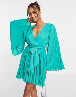 In The Style x Jac Jossa wrap front  pleated sleeve and skirt mini dress in green