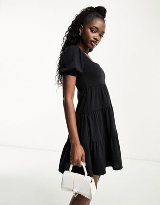 In The Style exclusive tiered mini dress with shirred back detail in black