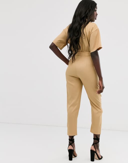 In The Style x Laura Jade tan tapered leg utility jumpsuit