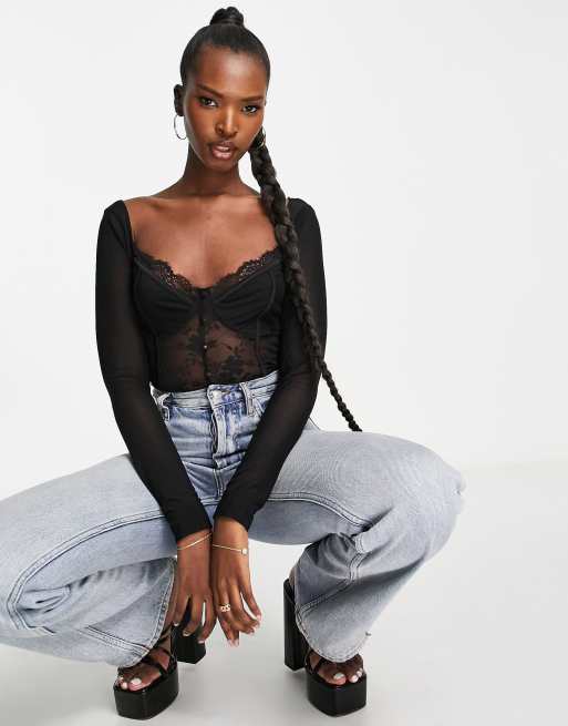In The Style x Liberty – Body mit Spitze und Netzstoffärmeln in Schwarz, 3 von 4