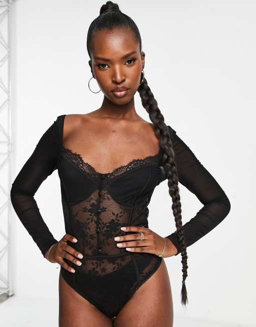In The Style x Liberty – Body mit Spitze und Netzstoffärmeln in Schwarz, 4 von 4