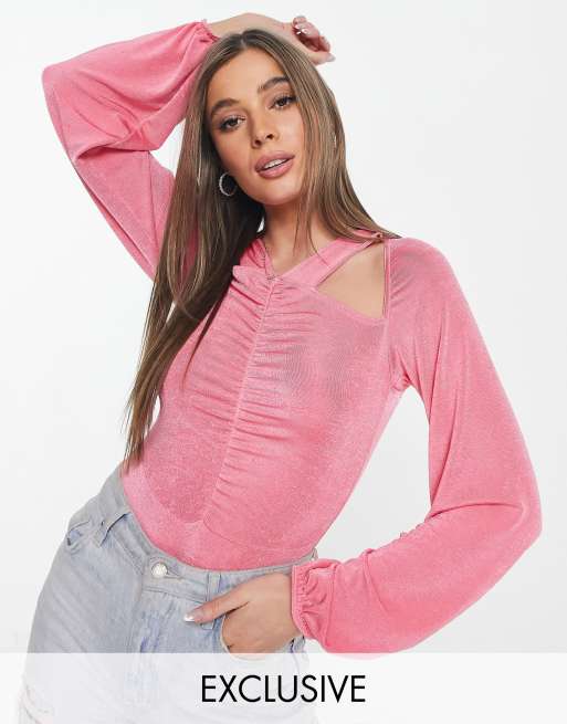 In The Style x Liberty exclusive cut out ruched volume sleeve body in pink