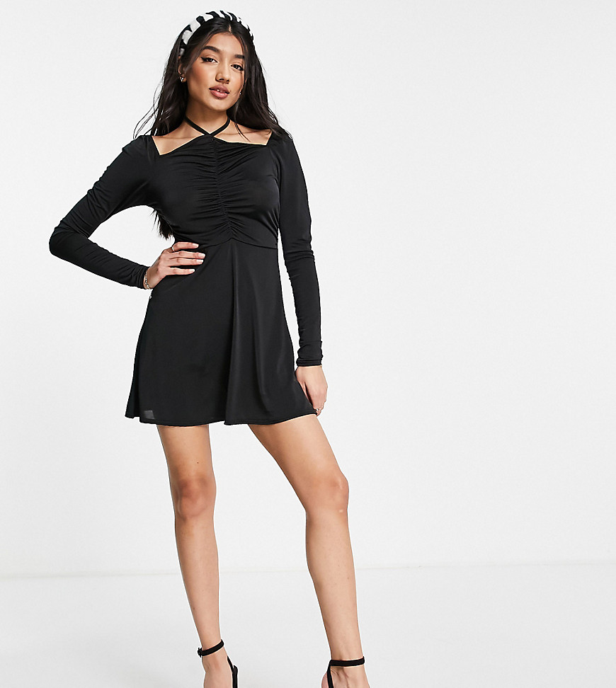 In The Style x Liberty exclusive halterneck long sleeve ruched front skater dress in black