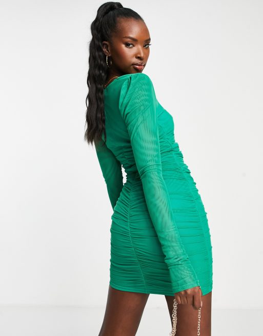 In The Style x Liberty exclusive puff sleeve ruched detail mini dress in green ASOS