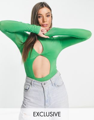 In The Style In The Style x Liberty exclusive slash neck cut out waist body in green