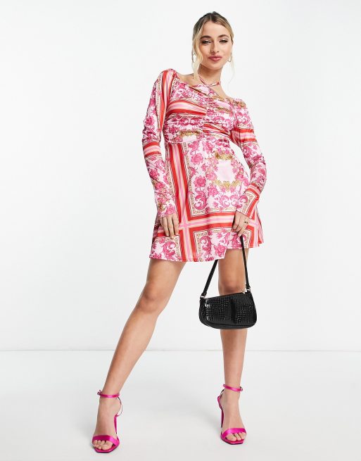 In The Style x Liberty halterneck puff sleeve mini skater dress in pink  scarf print