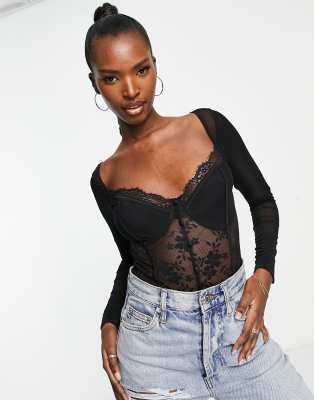 In The Style x Liberty lace body with mesh sleeves in black - ASOS Price Checker