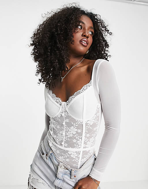 In The Style x Liberty lace body with mesh sleeves in white