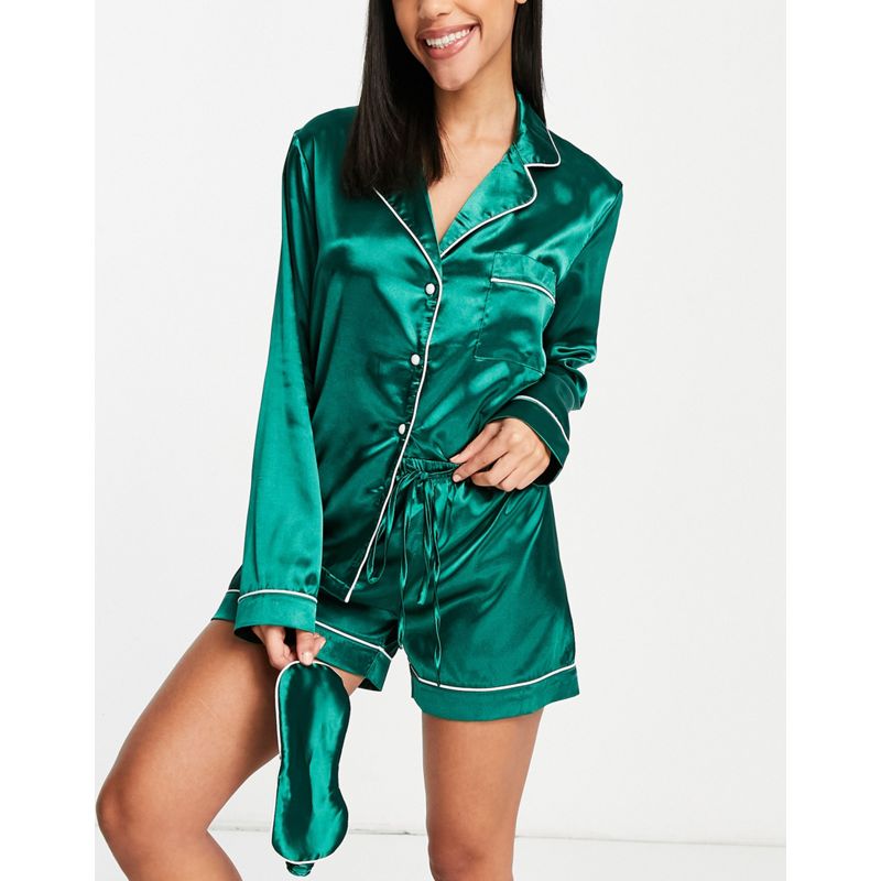 OZBmI Abbigliamento notte In The Style x Lorna Luxe - Abbigliamento notte composto da tre pezzi con pantaloncini in raso verde smeraldo