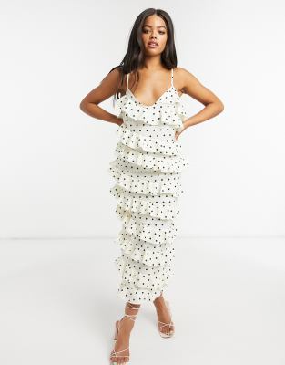 Asos In the Style Lorna Luxe Cream Polka Dot Spot tier ruffle Midi Dress 12  BNT