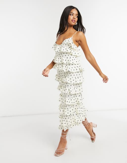 In The Style x Lorna Luxe all over frill maxi slip dress in polka dot | ASOS