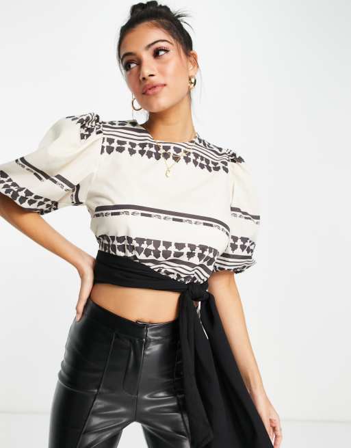In The Style x Lorna Luxe balloon sleeve crop top co ord in mono geo print