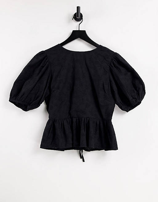 Women In The Style x Lorna Luxe Black embroidered puff sleeve tie back blouse co ord in black 