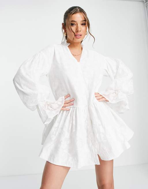 In The Style x Lorna Luxe burnout volume sleeve ruffle hem shirt dress in  white