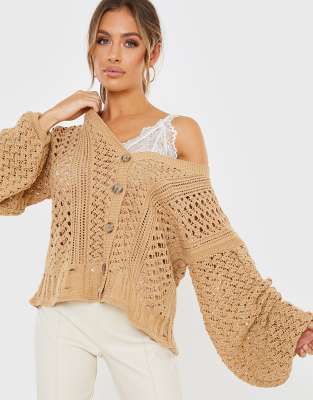 In The Style x Lorna Luxe - Cardigan oversize all'uncinetto color cuoio