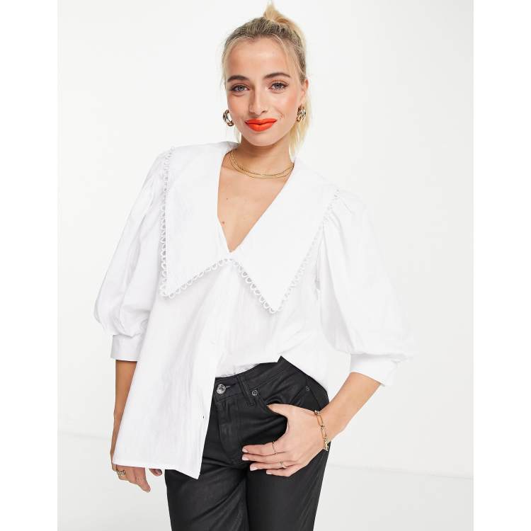 In The Style x Lorna Luxe volume sleeve bodysuit with oversized collar  detail in white - ShopStyle Tops