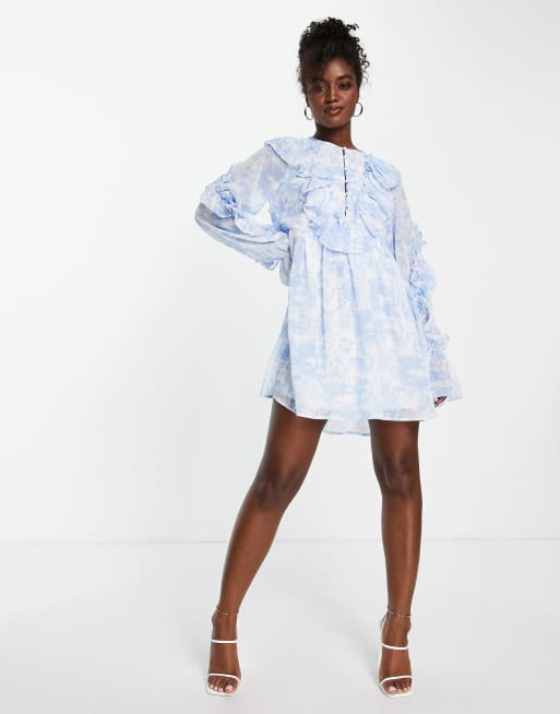 In The Style X Lorna Luxe Exaggerated Frill Detail Mini Tea Dress In Blue  Multi for Women