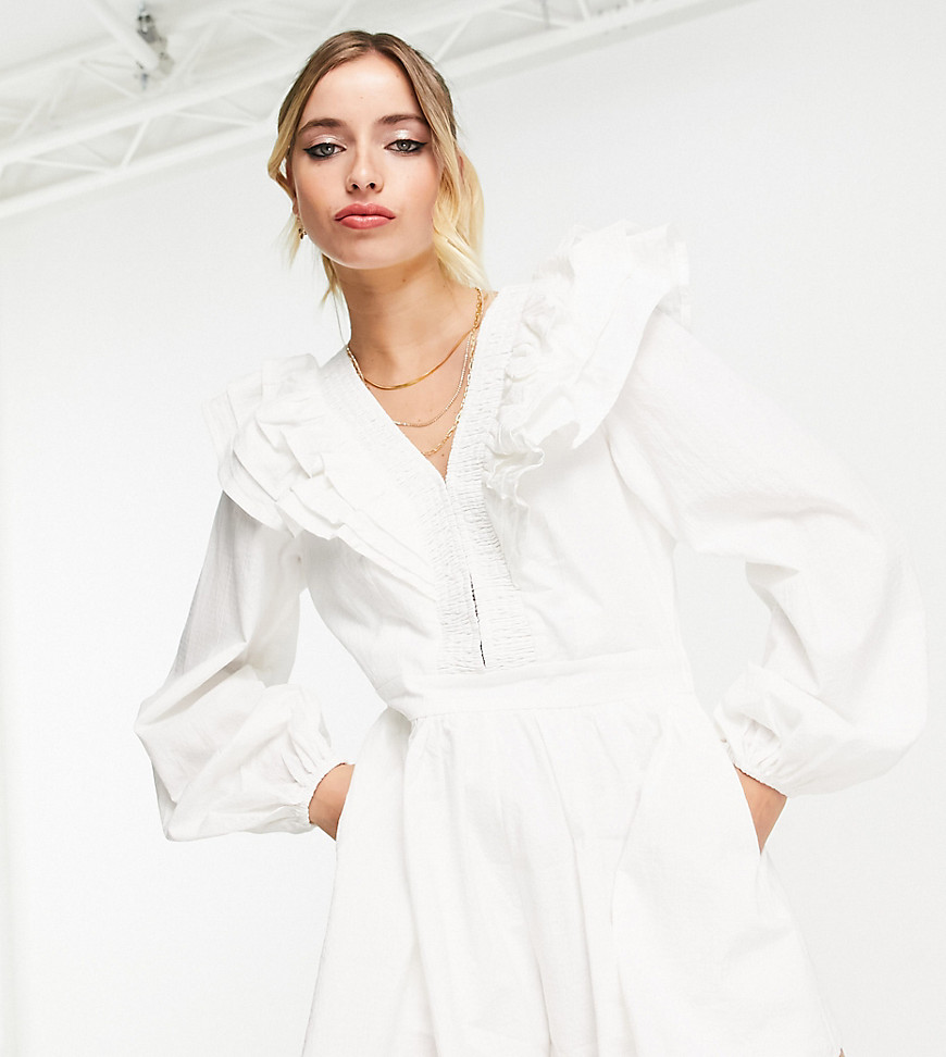 In The Style x Lorna Luxe exaggerated frill detail volume sleeve playsuit in white