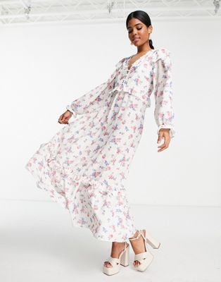 In The Style x Lorna Luxe exclusive frill detail tiered maxi dress in pink floral