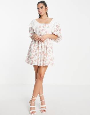 In The Style x Lorna Luxe exclusive trim bib detail mini smock dress in rosebud floral print - ASOS Price Checker
