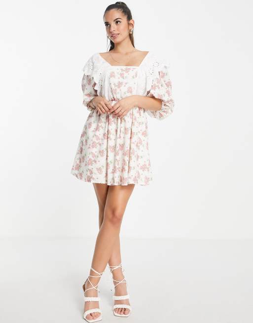 In The Style x Lorna Luxe lace high neck tie detail smock dress in white  floral